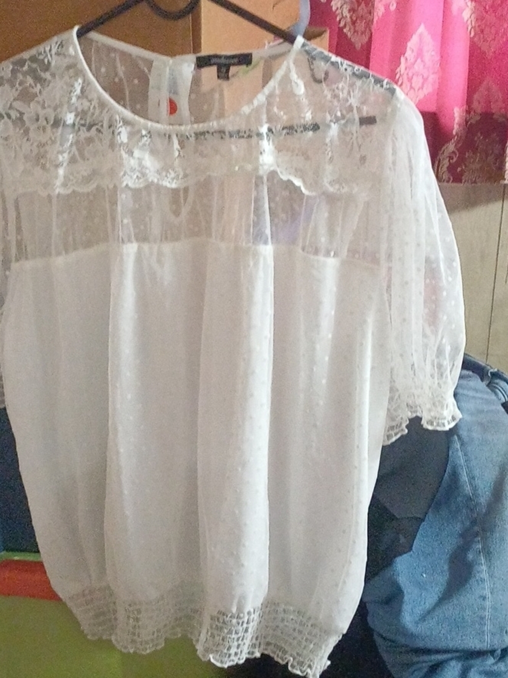 Ambiance White Sheer Lace Yoke Blouse